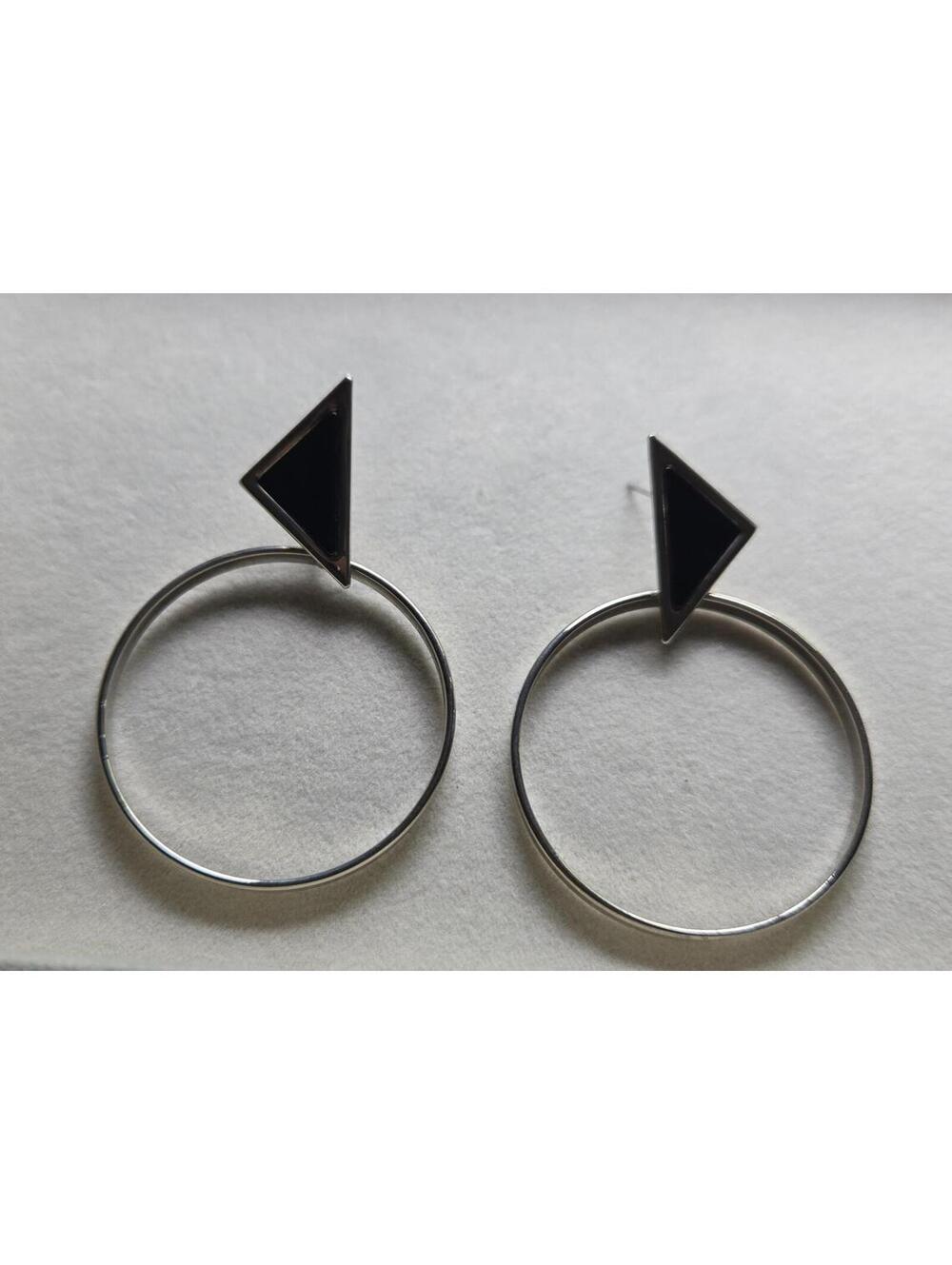Vintage Geo Black Enamel Triangles Silvertone Hoop Dangles Postback Earrings 2"